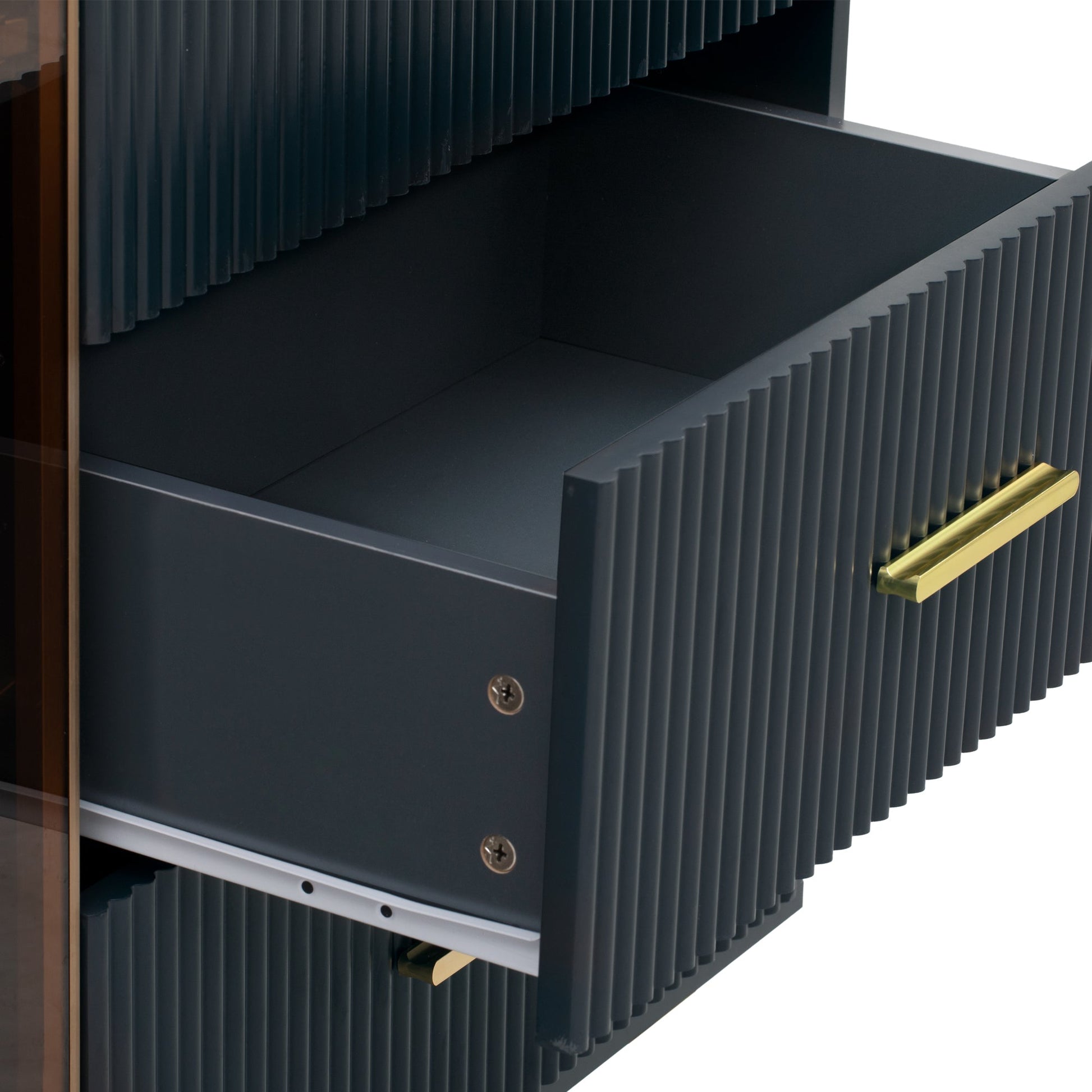 TREXM Modern Sideboard MDF Buffet Cabinet with Marble Sticker Tabletop, Amber - yellow Tempered Glass Doors, Gold Metal Legs, Handles, Navy Blue - 1st Choice Furniture Direct