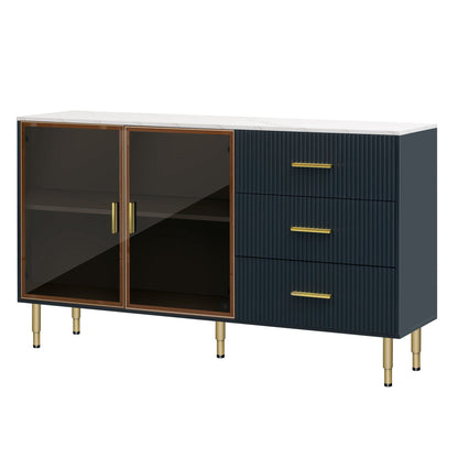 TREXM Modern Sideboard MDF Buffet Cabinet with Marble Sticker Tabletop, Amber - yellow Tempered Glass Doors, Gold Metal Legs, Handles, Navy Blue - 1st Choice Furniture Direct