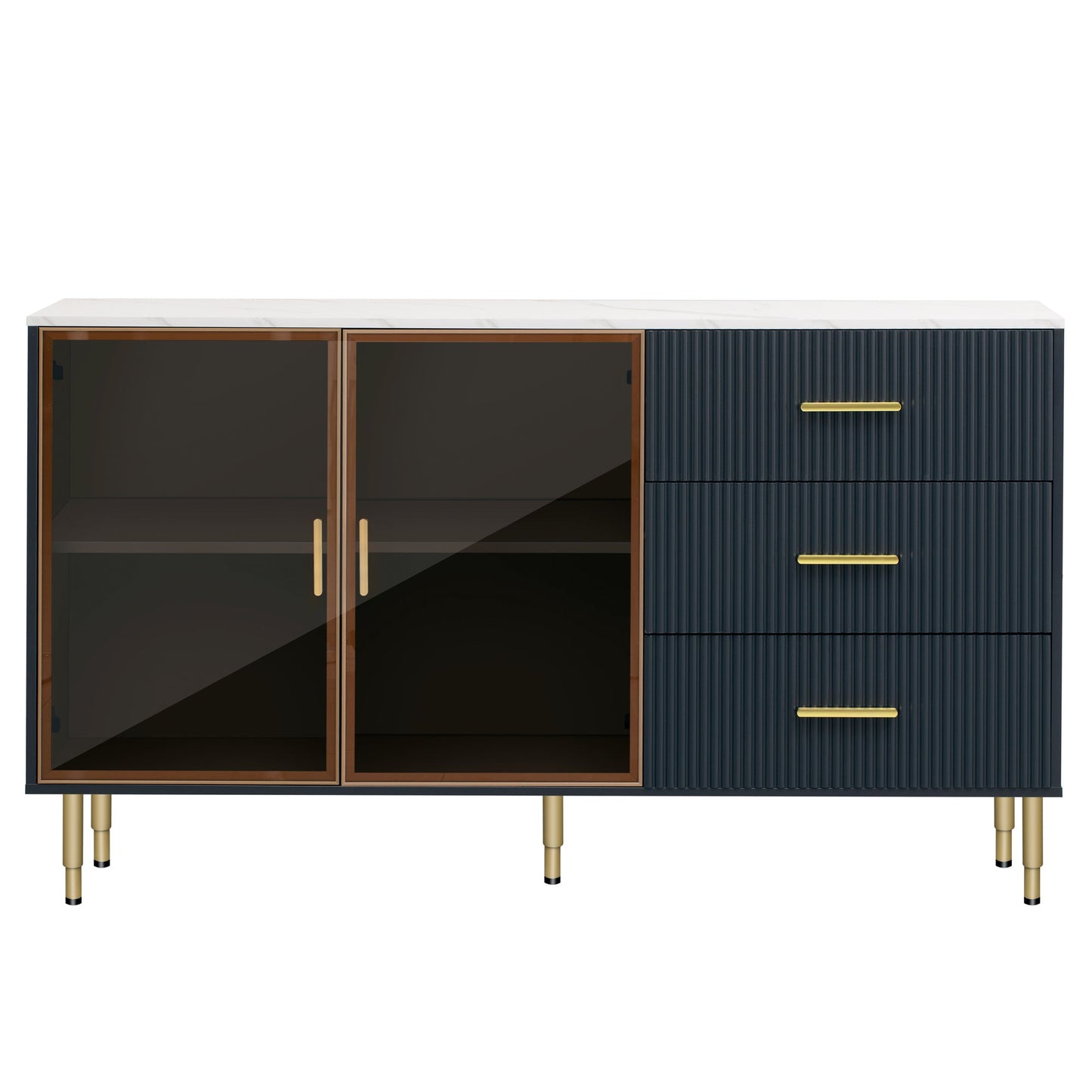 TREXM Modern Sideboard MDF Buffet Cabinet with Marble Sticker Tabletop, Amber - yellow Tempered Glass Doors, Gold Metal Legs, Handles, Navy Blue - 1st Choice Furniture Direct