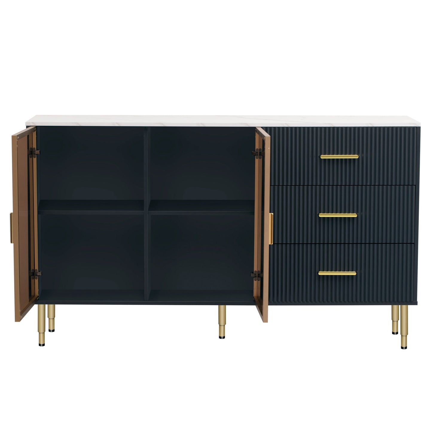 TREXM Modern Sideboard MDF Buffet Cabinet with Marble Sticker Tabletop, Amber - yellow Tempered Glass Doors, Gold Metal Legs, Handles, Navy Blue - 1st Choice Furniture Direct