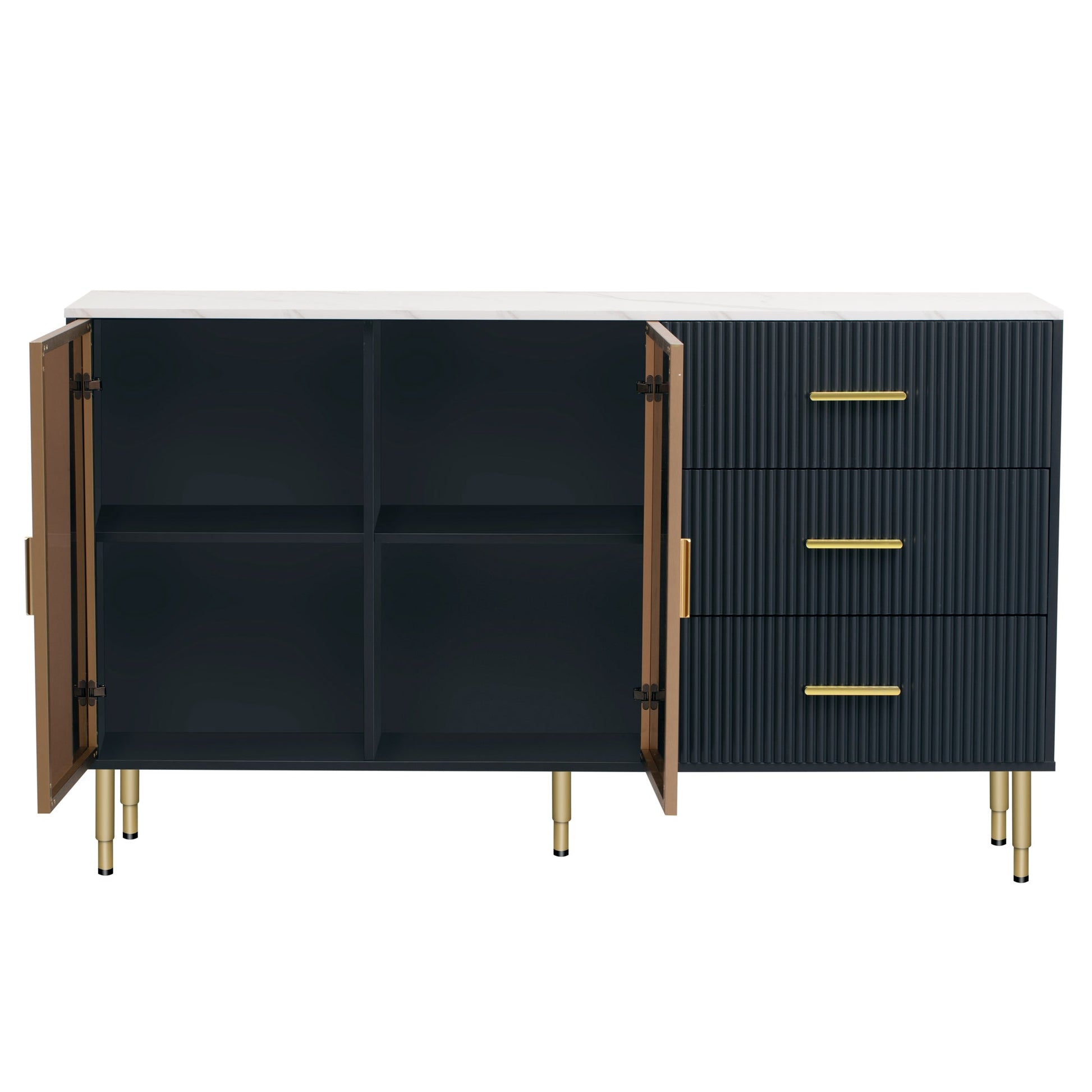 TREXM Modern Sideboard MDF Buffet Cabinet with Marble Sticker Tabletop, Amber - yellow Tempered Glass Doors, Gold Metal Legs, Handles, Navy Blue - 1st Choice Furniture Direct