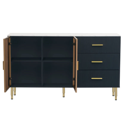 TREXM Modern Sideboard MDF Buffet Cabinet with Marble Sticker Tabletop, Amber - yellow Tempered Glass Doors, Gold Metal Legs, Handles, Navy Blue - 1st Choice Furniture Direct