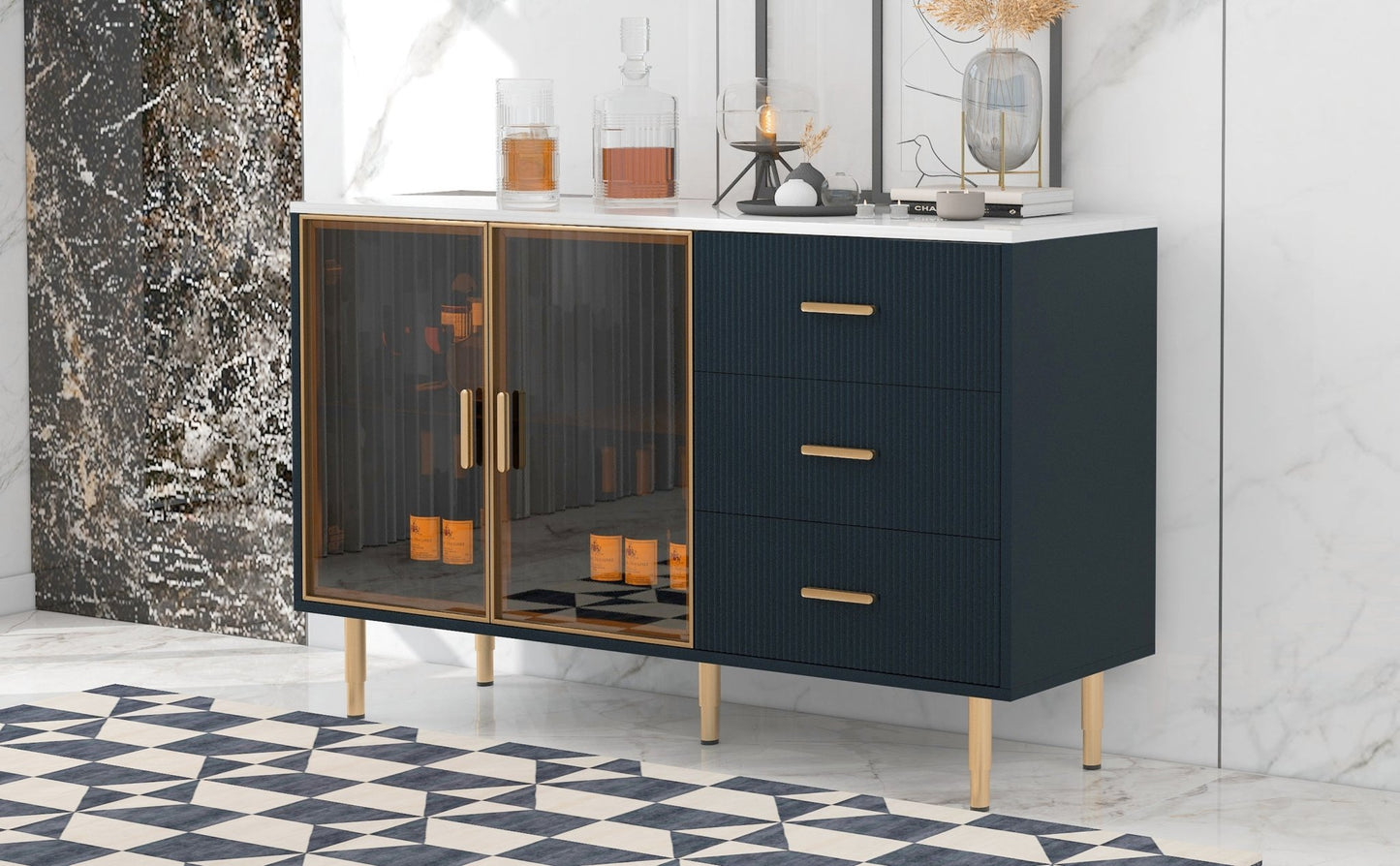 TREXM Modern Sideboard MDF Buffet Cabinet with Marble Sticker Tabletop, Amber - yellow Tempered Glass Doors, Gold Metal Legs, Handles, Navy Blue - 1st Choice Furniture Direct