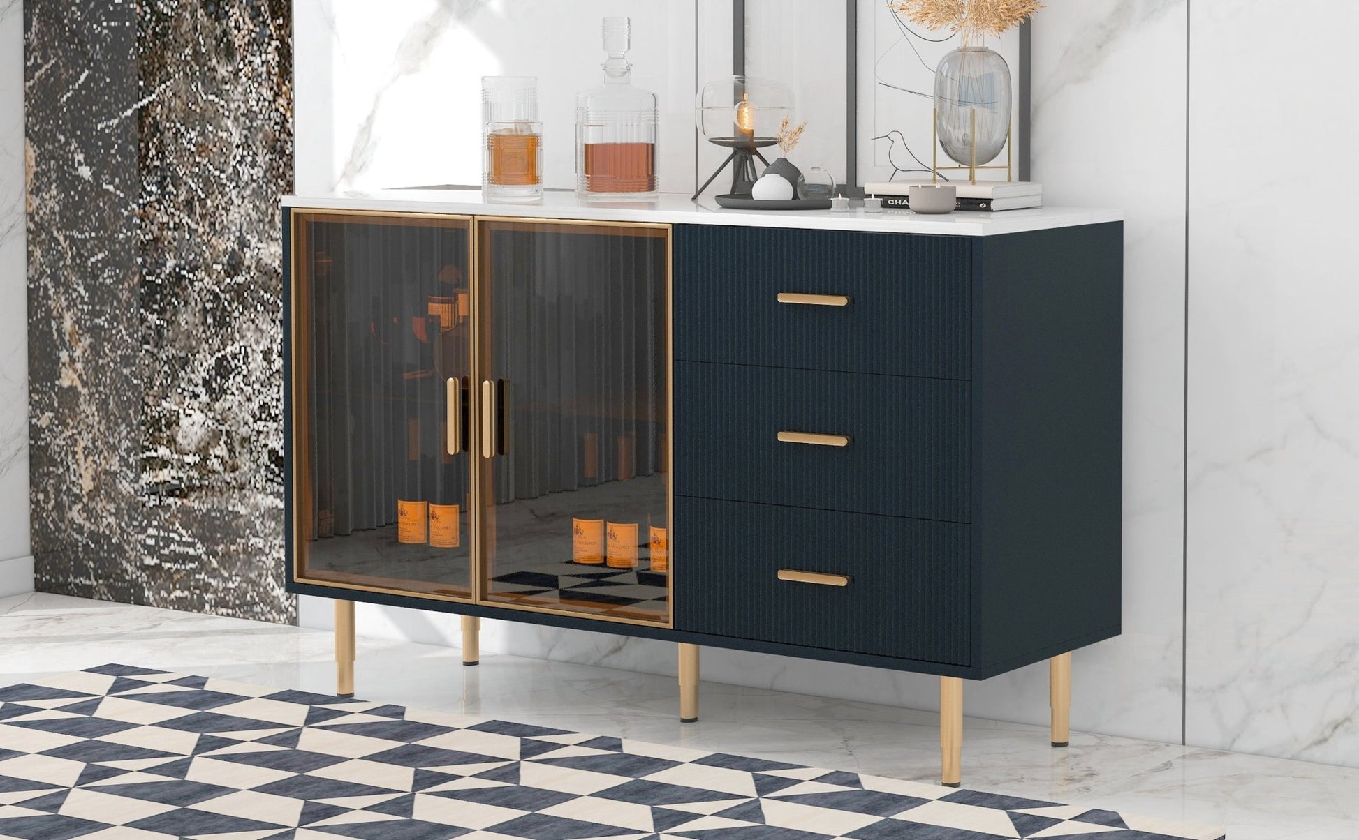 TREXM Modern Sideboard MDF Buffet Cabinet with Marble Sticker Tabletop, Amber - yellow Tempered Glass Doors, Gold Metal Legs, Handles, Navy Blue - 1st Choice Furniture Direct