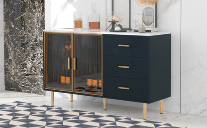 TREXM Modern Sideboard MDF Buffet Cabinet with Marble Sticker Tabletop, Amber - yellow Tempered Glass Doors, Gold Metal Legs, Handles, Navy Blue - 1st Choice Furniture Direct