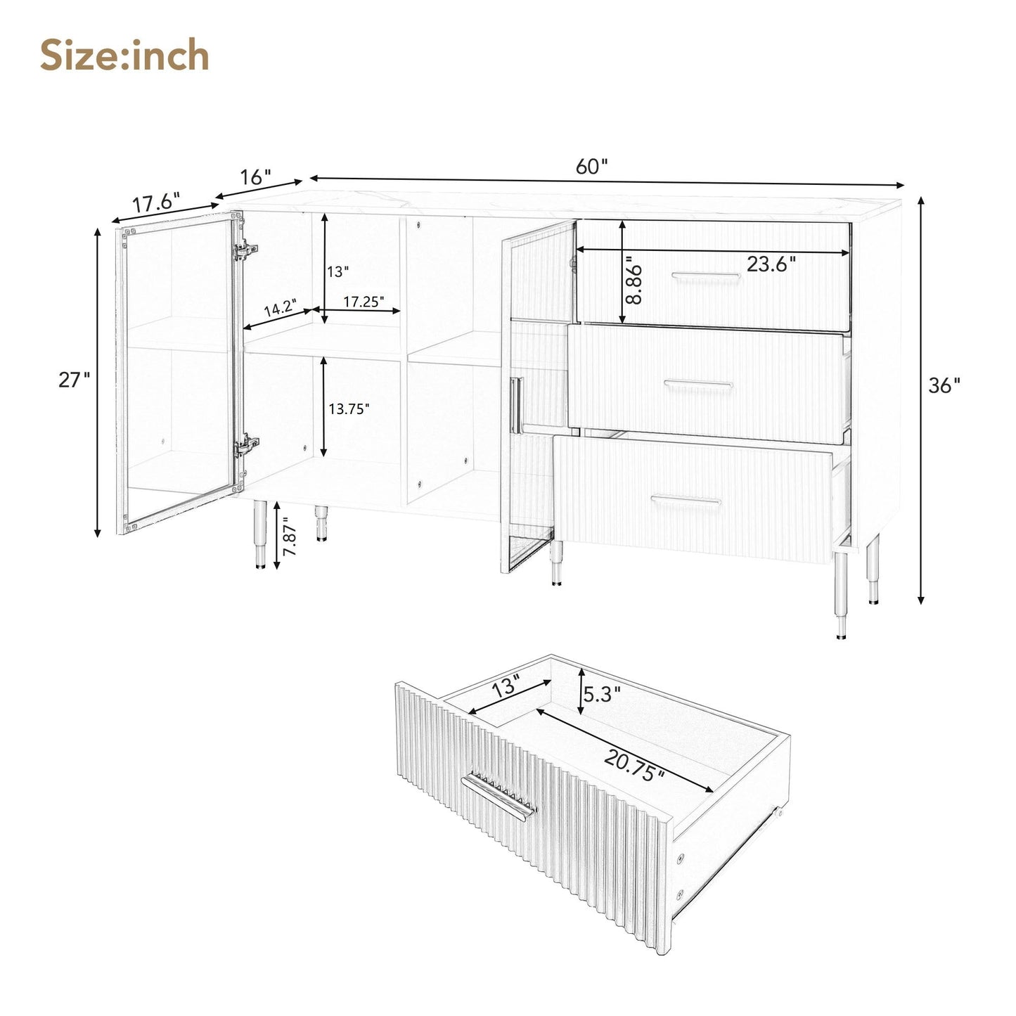 TREXM Modern Sideboard MDF Buffet Cabinet with Marble Sticker Tabletop, Amber - yellow Tempered Glass Doors, Gold Metal Legs, Handles, Navy Blue - 1st Choice Furniture Direct