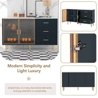 TREXM Modern Sideboard MDF Buffet Cabinet with Marble Sticker Tabletop, Amber - yellow Tempered Glass Doors, Gold Metal Legs, Handles, Navy Blue - 1st Choice Furniture Direct