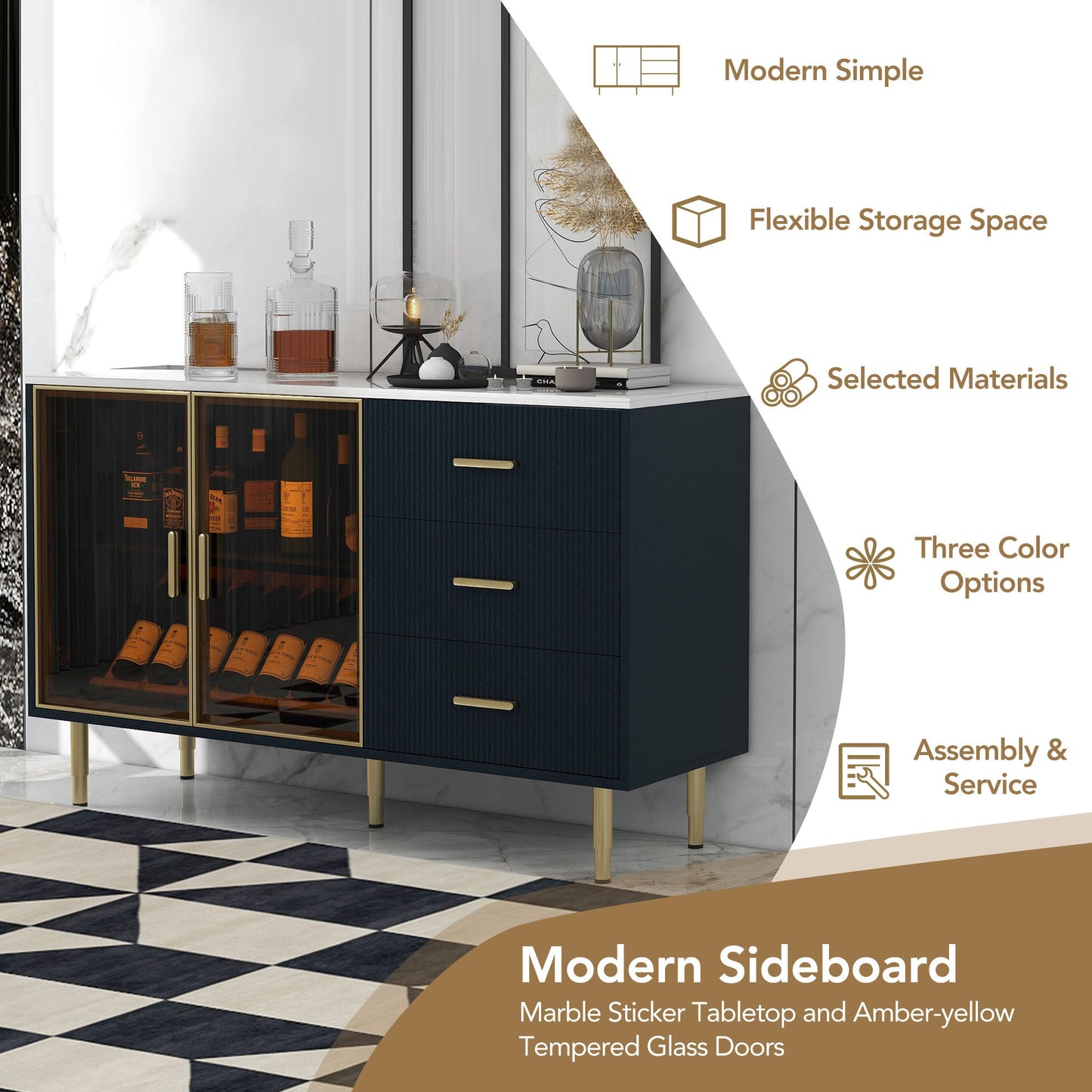 TREXM Modern Sideboard MDF Buffet Cabinet with Marble Sticker Tabletop, Amber - yellow Tempered Glass Doors, Gold Metal Legs, Handles, Navy Blue - 1st Choice Furniture Direct