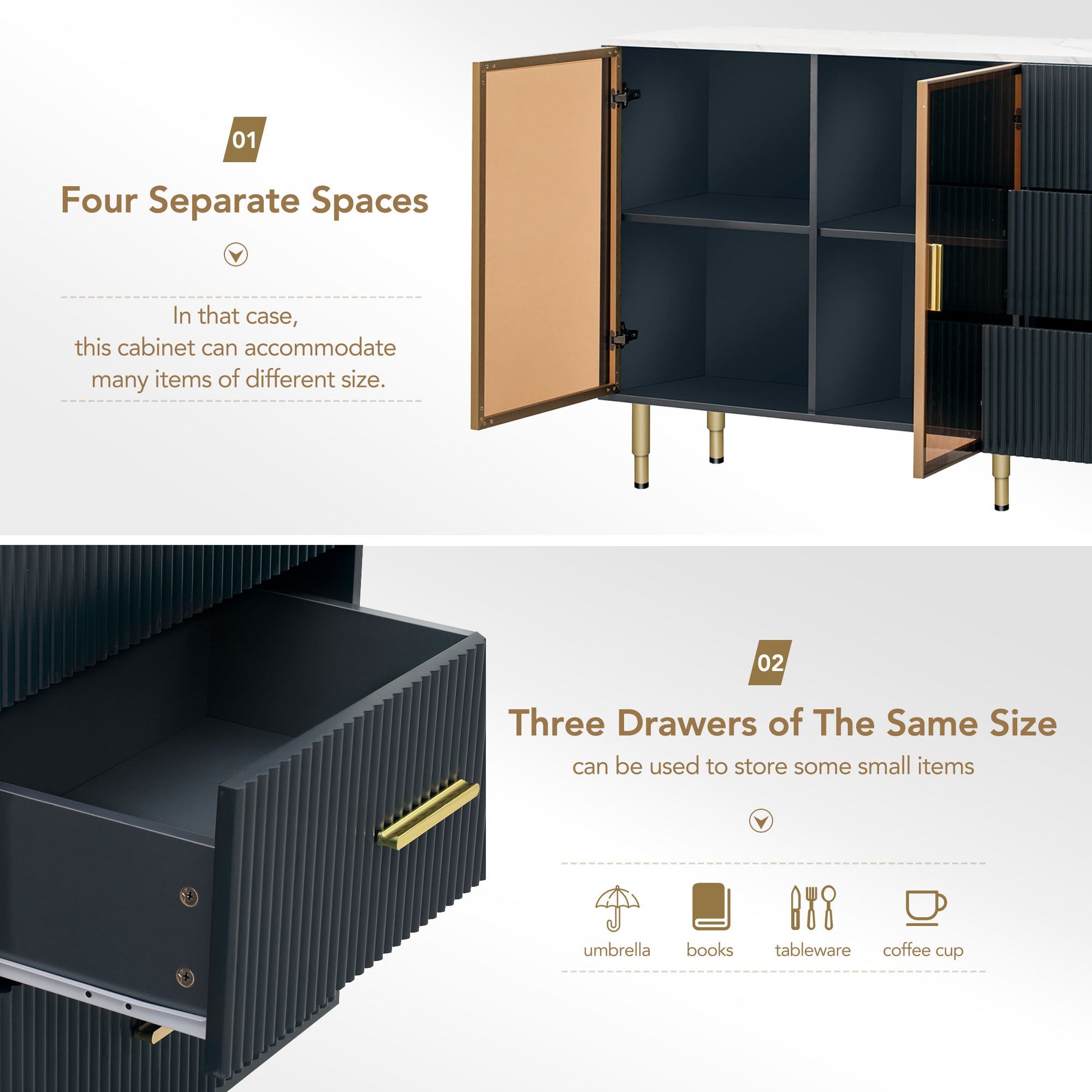 TREXM Modern Sideboard MDF Buffet Cabinet with Marble Sticker Tabletop, Amber - yellow Tempered Glass Doors, Gold Metal Legs, Handles, Navy Blue - 1st Choice Furniture Direct