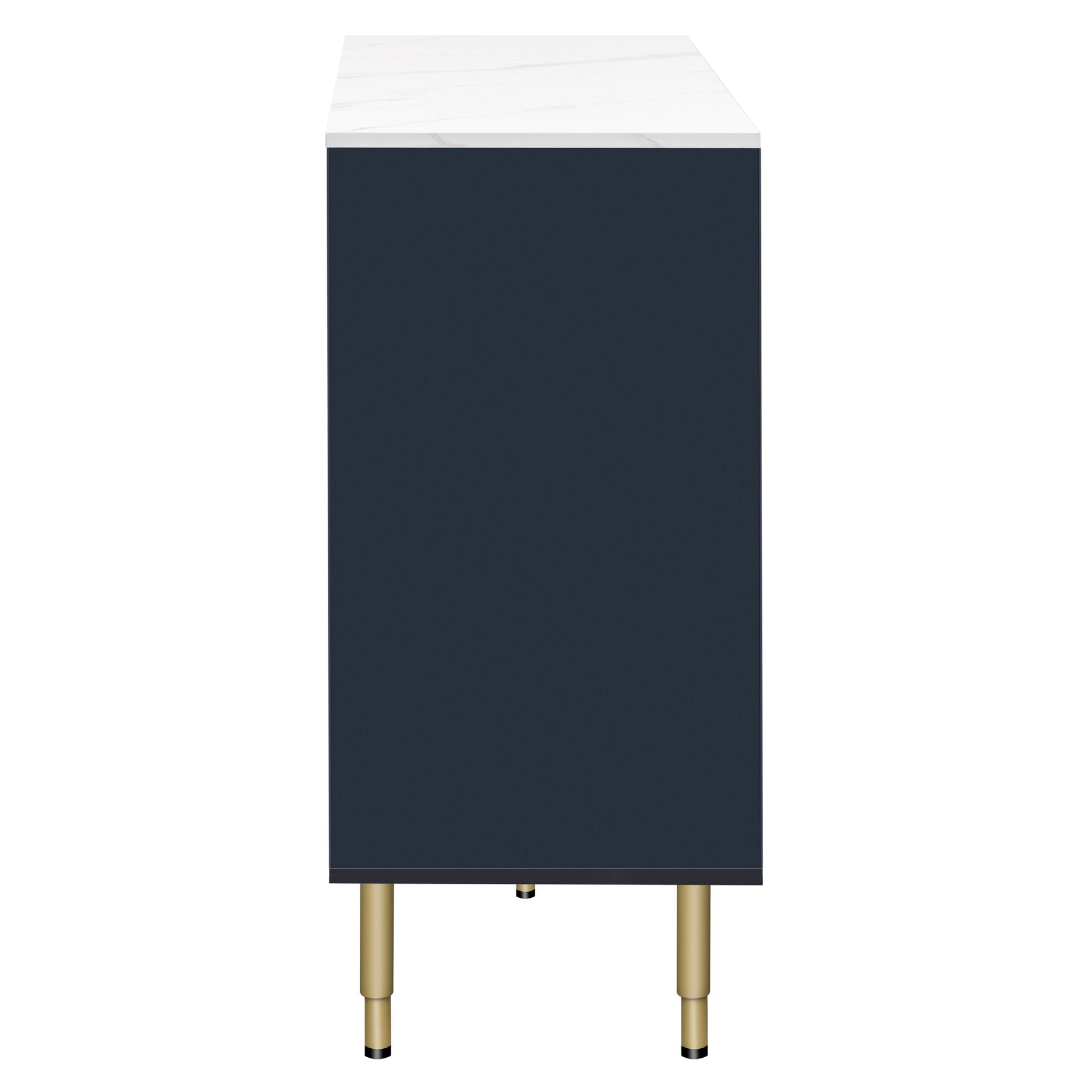 TREXM Modern Sideboard MDF Buffet Cabinet with Marble Sticker Tabletop, Amber - yellow Tempered Glass Doors, Gold Metal Legs, Handles, Navy Blue - 1st Choice Furniture Direct