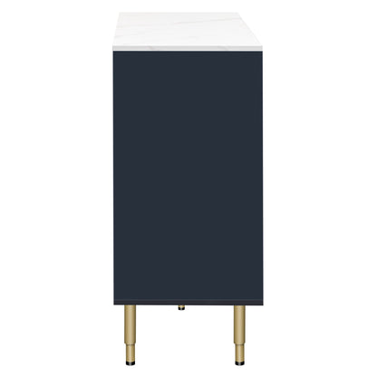 TREXM Modern Sideboard MDF Buffet Cabinet with Marble Sticker Tabletop, Amber - yellow Tempered Glass Doors, Gold Metal Legs, Handles, Navy Blue - 1st Choice Furniture Direct