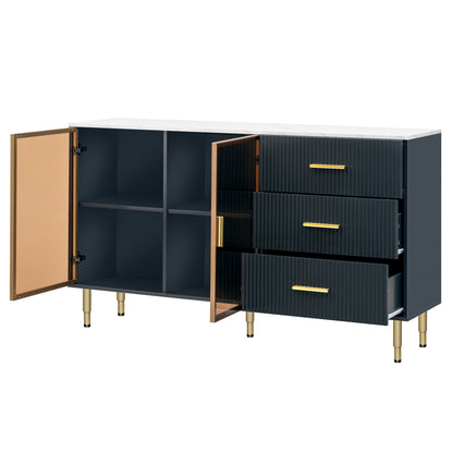 TREXM Modern Sideboard MDF Buffet Cabinet with Marble Sticker Tabletop, Amber - yellow Tempered Glass Doors, Gold Metal Legs, Handles, Navy Blue - 1st Choice Furniture Direct