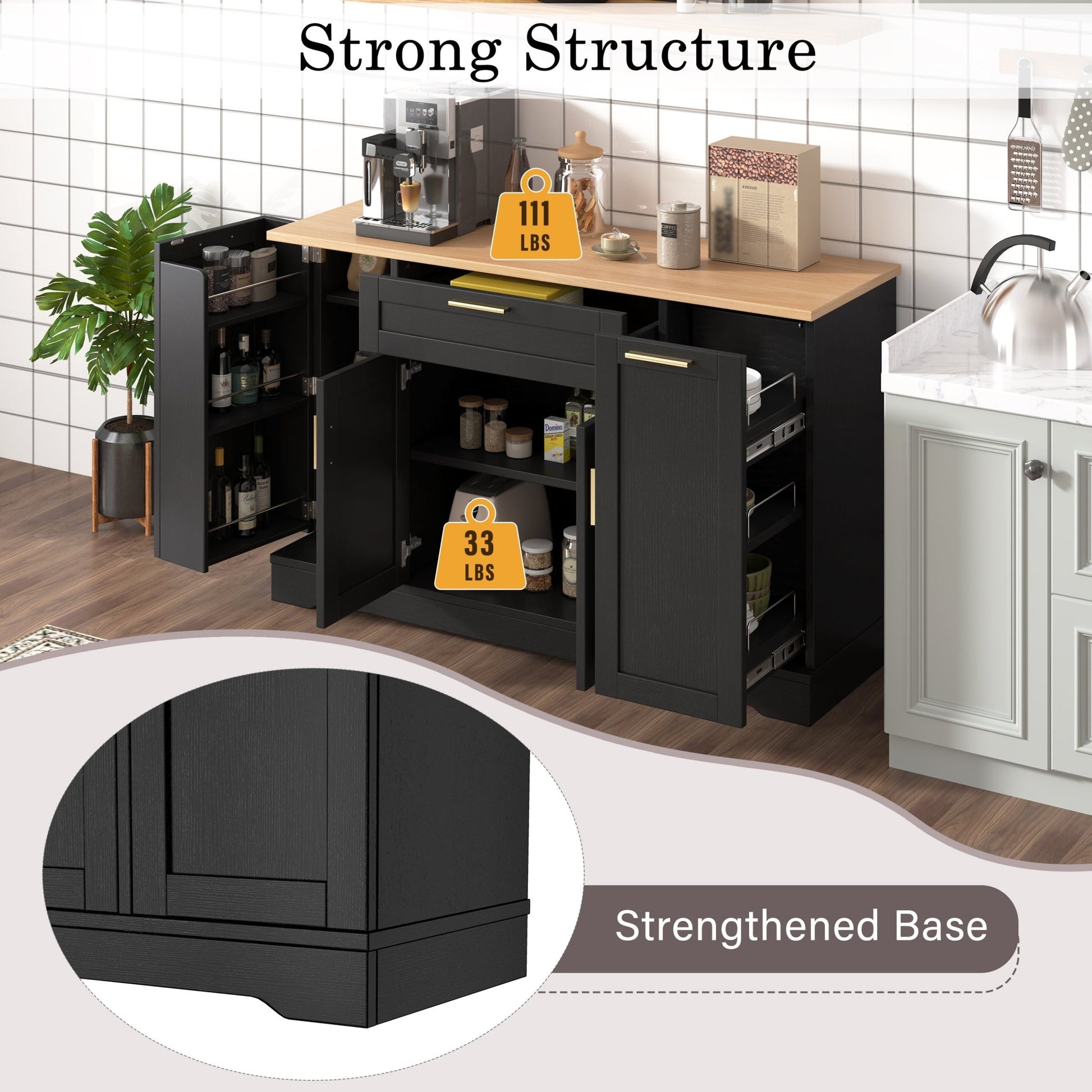 TREXM Multi - Functional Storage Sideboard, Extendable Dining Table, Adjustable Shelves, 3 - Tier Pull - Out Rack, Kitchen Island Storage for Kitchen, Dining Room, Living Room (Black) - 1st Choice Furniture Direct