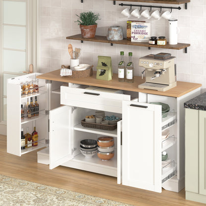 TREXM Multi - Functional Storage Sideboard, Extendable Dining Table, Adjustable Shelves, 3 - Tier Pull - Out Rack, Kitchen Island Storage for Kitchen, Dining Room, Living Room (White) - 1st Choice Furniture Direct