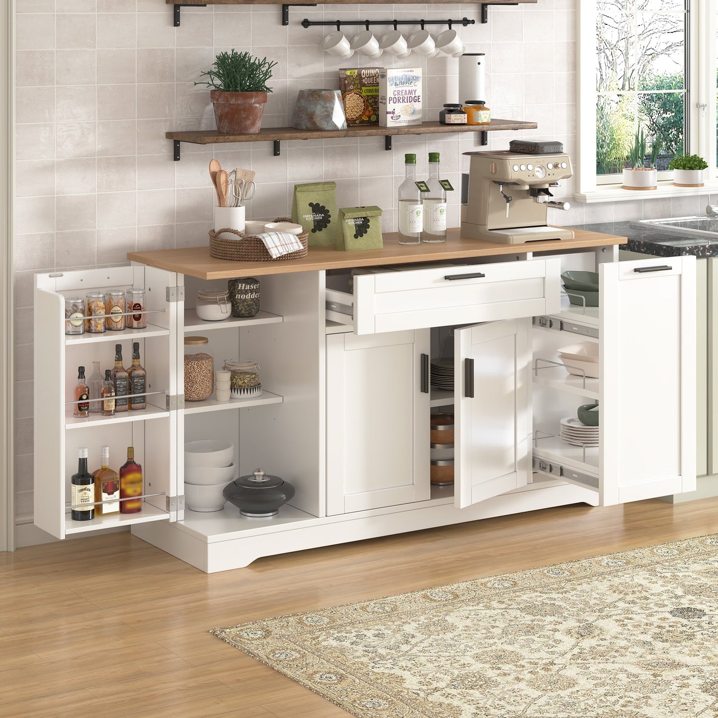 TREXM Multi - Functional Storage Sideboard, Extendable Dining Table, Adjustable Shelves, 3 - Tier Pull - Out Rack, Kitchen Island Storage for Kitchen, Dining Room, Living Room (White) - 1st Choice Furniture Direct