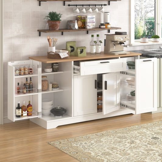 TREXM Multi - Functional Storage Sideboard, Extendable Dining Table, Adjustable Shelves, 3 - Tier Pull - Out Rack, Kitchen Island Storage for Kitchen, Dining Room, Living Room (White) - 1st Choice Furniture Direct