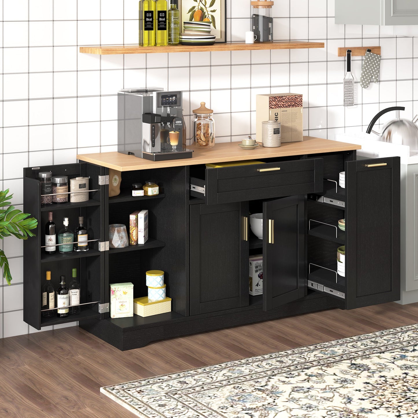 TREXM Multi - Functional Storage Sideboard, Extendable Dining Table, Adjustable Shelves, 3 - Tier Pull - Out Rack, Kitchen Island Storage for Kitchen, Dining Room, Living Room (Black) - 1st Choice Furniture Direct