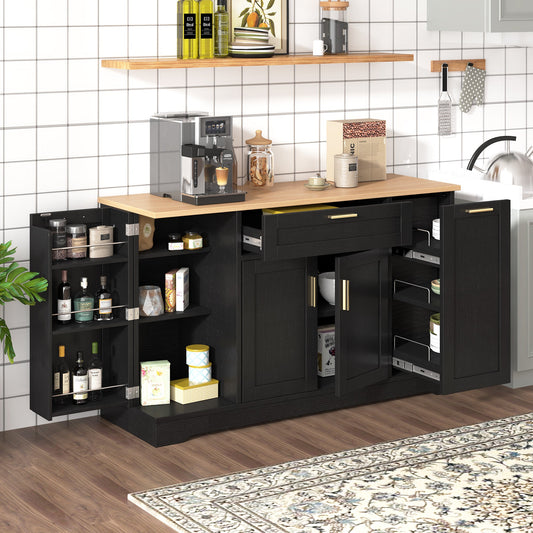 TREXM Multi - Functional Storage Sideboard, Extendable Dining Table, Adjustable Shelves, 3 - Tier Pull - Out Rack, Kitchen Island Storage for Kitchen, Dining Room, Living Room (Black) - 1st Choice Furniture Direct