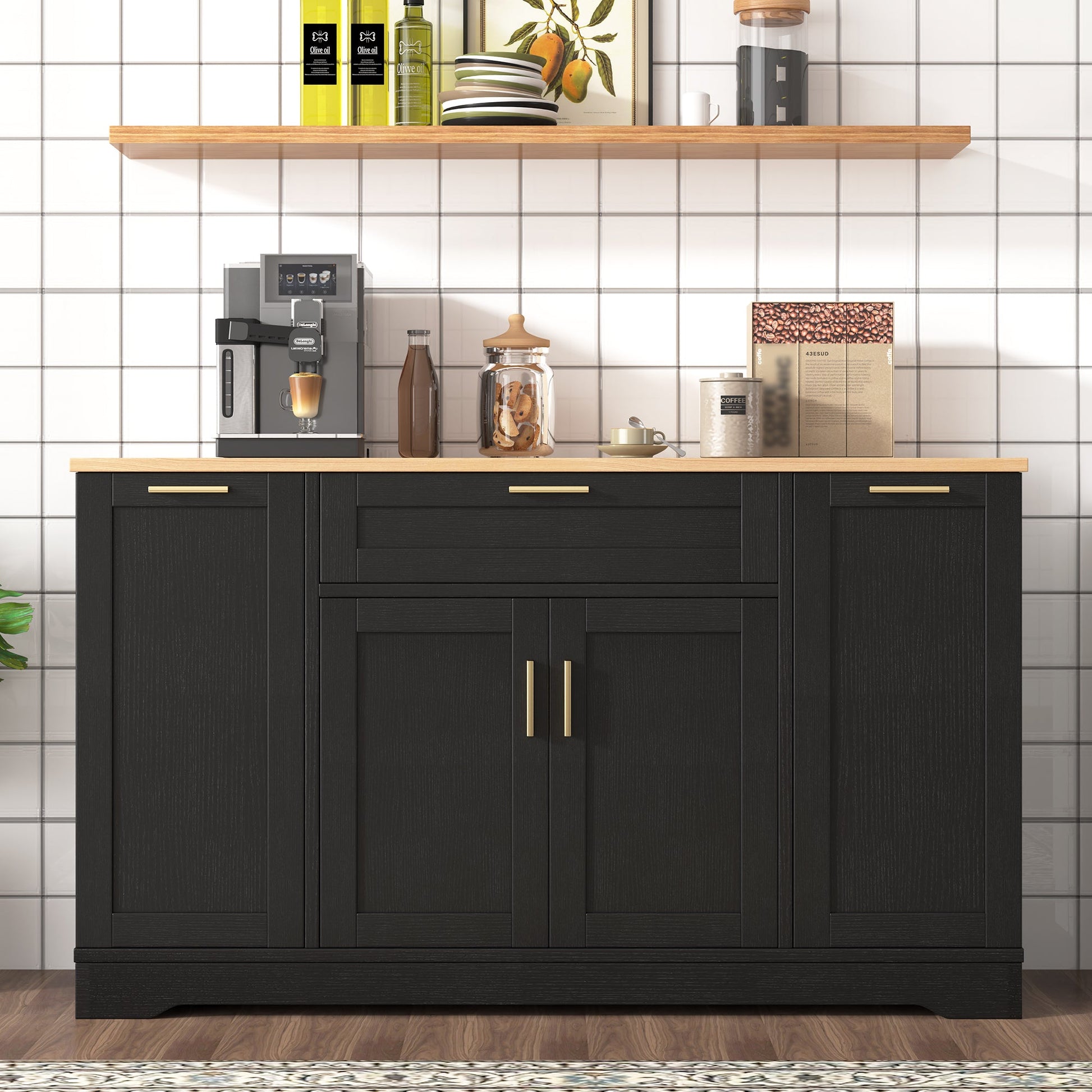 TREXM Multi - Functional Storage Sideboard, Extendable Dining Table, Adjustable Shelves, 3 - Tier Pull - Out Rack, Kitchen Island Storage for Kitchen, Dining Room, Living Room (Black) - 1st Choice Furniture Direct