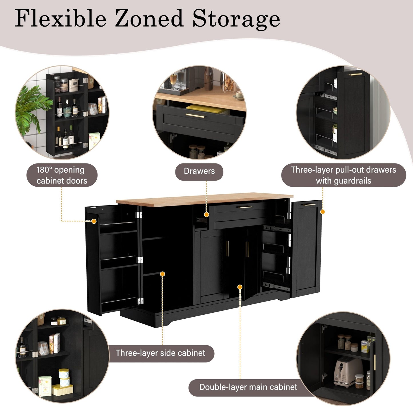 TREXM Multi - Functional Storage Sideboard, Extendable Dining Table, Adjustable Shelves, 3 - Tier Pull - Out Rack, Kitchen Island Storage for Kitchen, Dining Room, Living Room (Black) - 1st Choice Furniture Direct