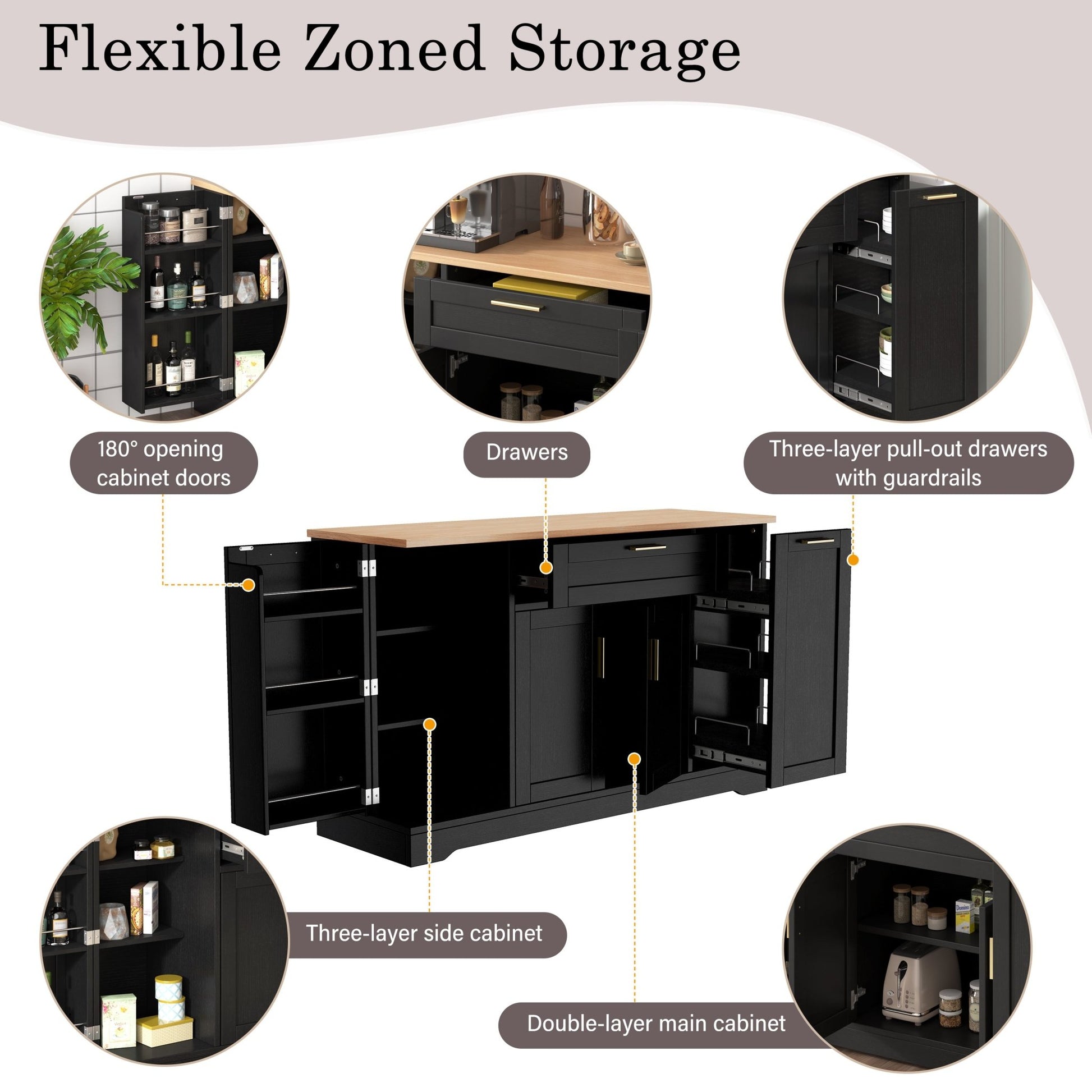 TREXM Multi - Functional Storage Sideboard, Extendable Dining Table, Adjustable Shelves, 3 - Tier Pull - Out Rack, Kitchen Island Storage for Kitchen, Dining Room, Living Room (Black) - 1st Choice Furniture Direct