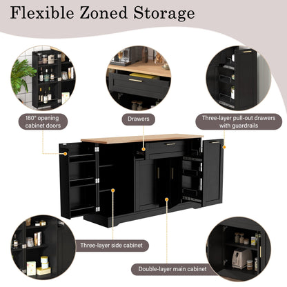 TREXM Multi - Functional Storage Sideboard, Extendable Dining Table, Adjustable Shelves, 3 - Tier Pull - Out Rack, Kitchen Island Storage for Kitchen, Dining Room, Living Room (Black) - 1st Choice Furniture Direct