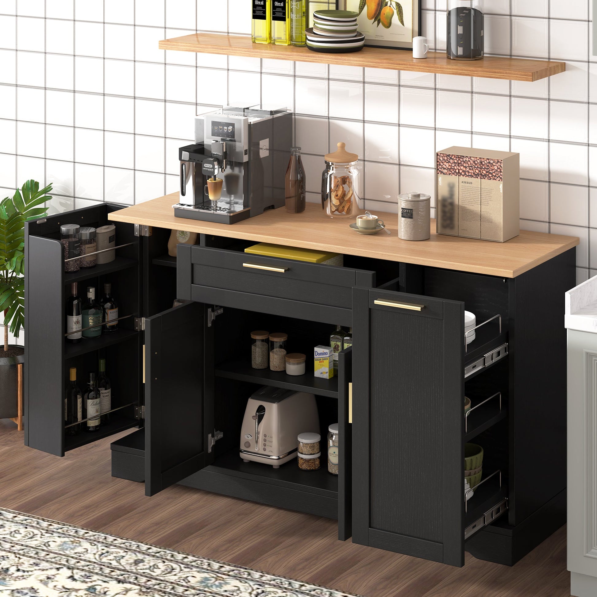 TREXM Multi - Functional Storage Sideboard, Extendable Dining Table, Adjustable Shelves, 3 - Tier Pull - Out Rack, Kitchen Island Storage for Kitchen, Dining Room, Living Room (Black) - 1st Choice Furniture Direct