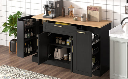 TREXM Multi - Functional Storage Sideboard, Extendable Dining Table, Adjustable Shelves, 3 - Tier Pull - Out Rack, Kitchen Island Storage for Kitchen, Dining Room, Living Room (Black) - 1st Choice Furniture Direct