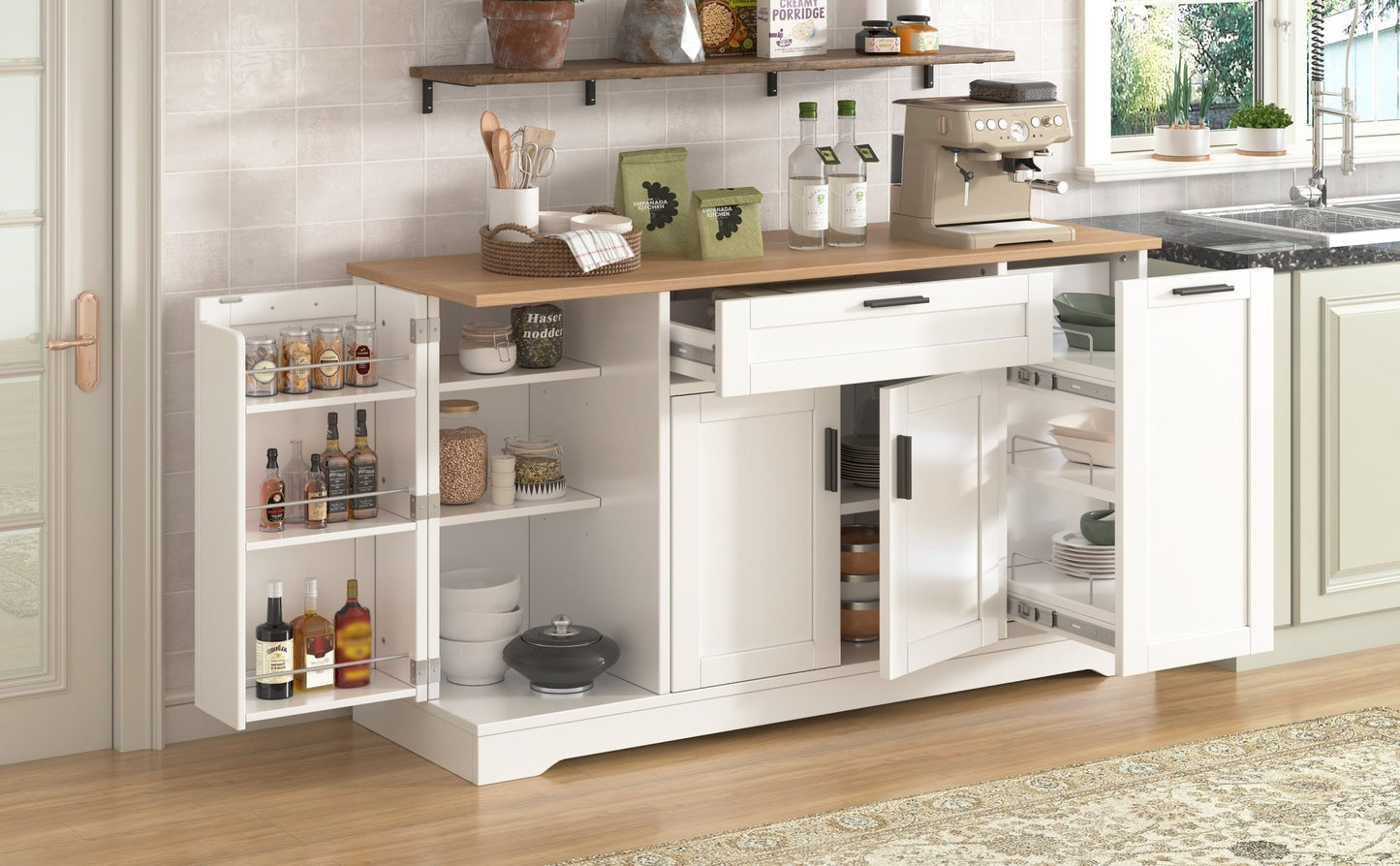 TREXM Multi - Functional Storage Sideboard, Extendable Dining Table, Adjustable Shelves, 3 - Tier Pull - Out Rack, Kitchen Island Storage for Kitchen, Dining Room, Living Room (White) - 1st Choice Furniture Direct