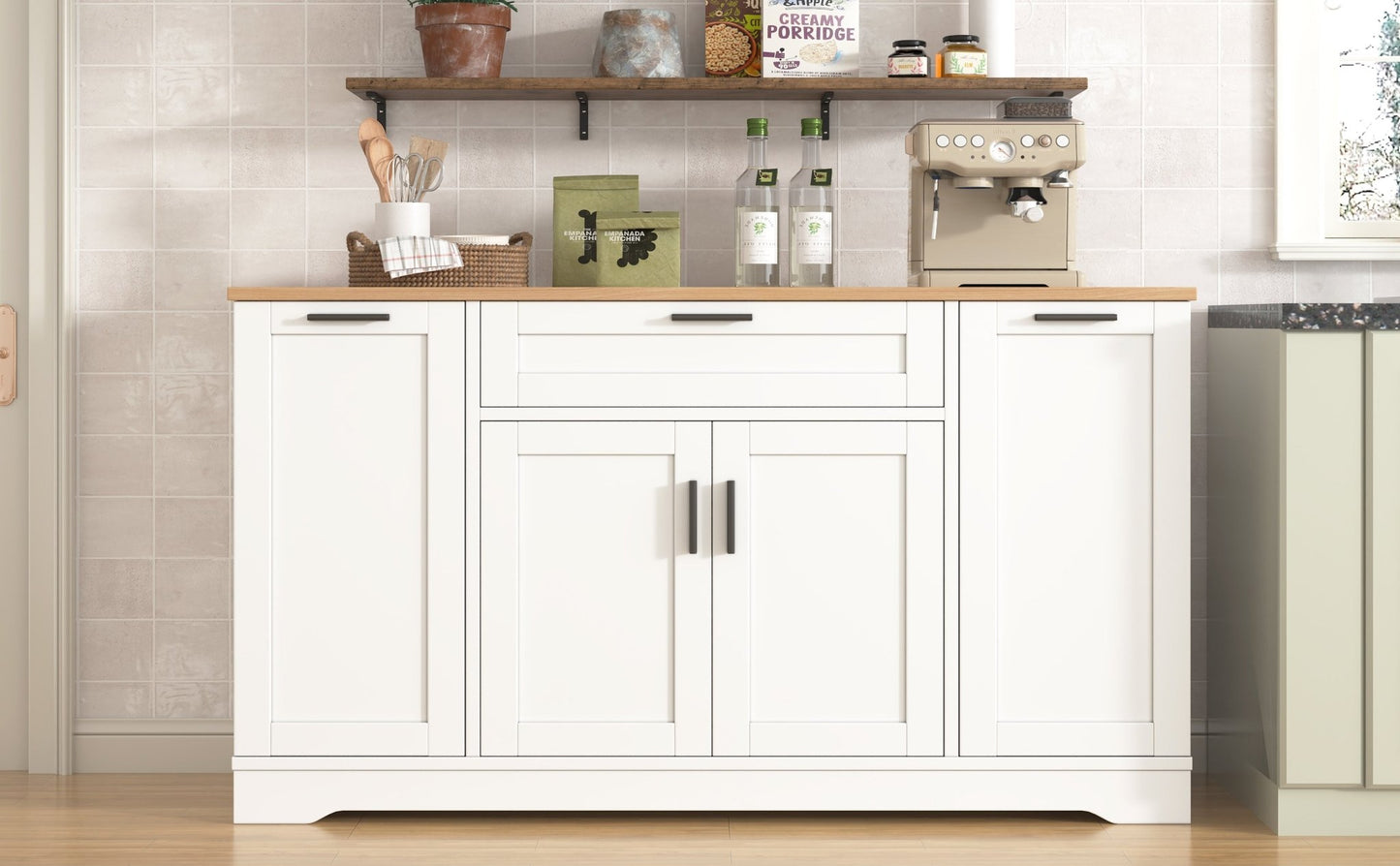 TREXM Multi - Functional Storage Sideboard, Extendable Dining Table, Adjustable Shelves, 3 - Tier Pull - Out Rack, Kitchen Island Storage for Kitchen, Dining Room, Living Room (White) - 1st Choice Furniture Direct