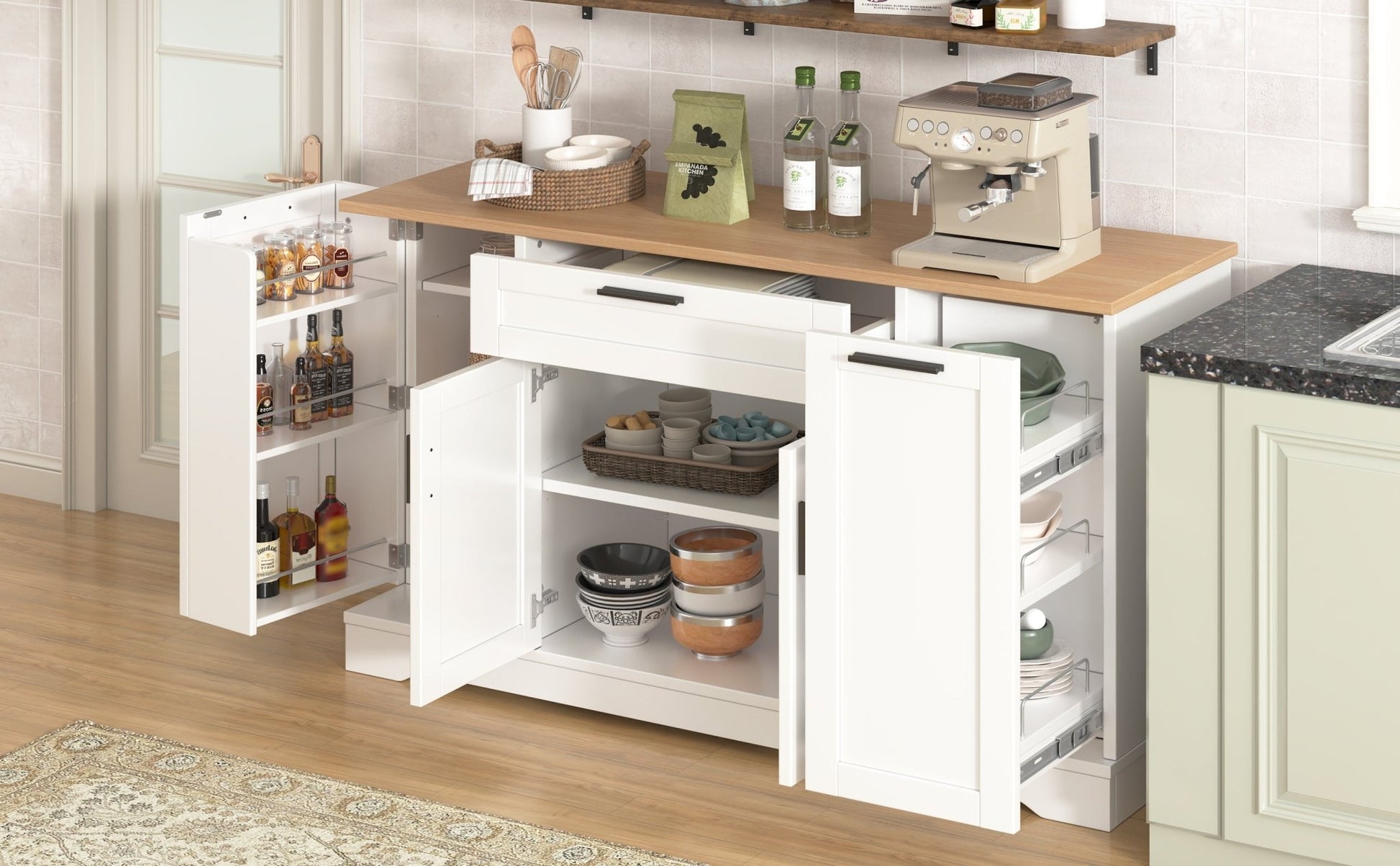 TREXM Multi - Functional Storage Sideboard, Extendable Dining Table, Adjustable Shelves, 3 - Tier Pull - Out Rack, Kitchen Island Storage for Kitchen, Dining Room, Living Room (White) - 1st Choice Furniture Direct