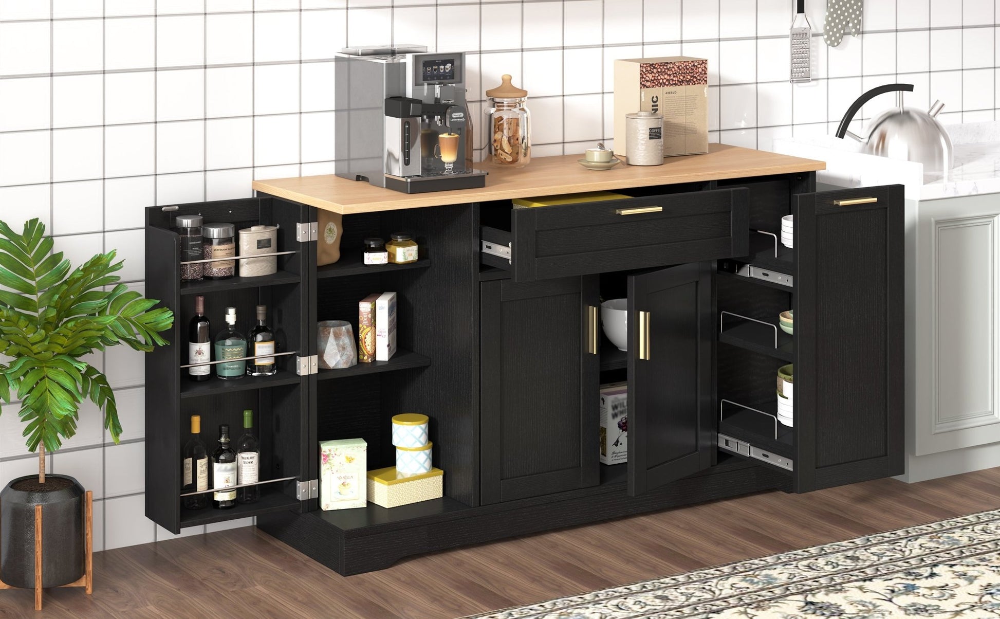 TREXM Multi - Functional Storage Sideboard, Extendable Dining Table, Adjustable Shelves, 3 - Tier Pull - Out Rack, Kitchen Island Storage for Kitchen, Dining Room, Living Room (Black) - 1st Choice Furniture Direct