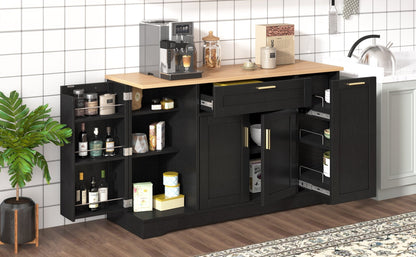 TREXM Multi - Functional Storage Sideboard, Extendable Dining Table, Adjustable Shelves, 3 - Tier Pull - Out Rack, Kitchen Island Storage for Kitchen, Dining Room, Living Room (Black) - 1st Choice Furniture Direct
