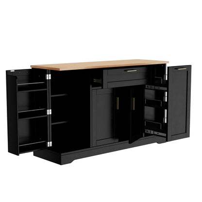 TREXM Multi - Functional Storage Sideboard, Extendable Dining Table, Adjustable Shelves, 3 - Tier Pull - Out Rack, Kitchen Island Storage for Kitchen, Dining Room, Living Room (Black) - 1st Choice Furniture Direct