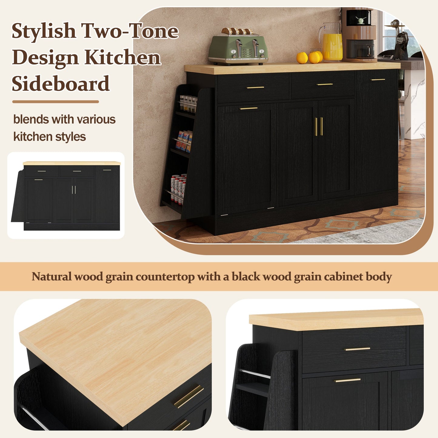 TREXM Multi - Functional Storage Sideboard, Trash Can Storage, Sliding Door Cabinet & 3 - Tier Spice Rack,Kitchen Island Table for Kitchen, Dining Room (Black) - 1st Choice Furniture Direct