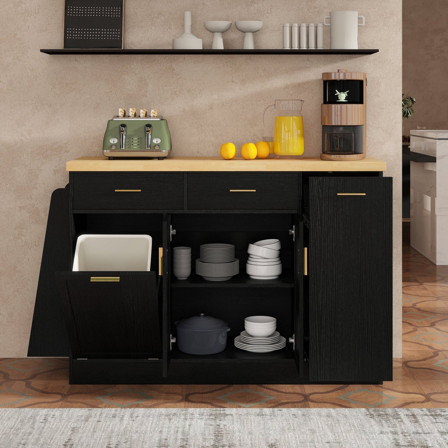 TREXM Multi - Functional Storage Sideboard, Trash Can Storage, Sliding Door Cabinet & 3 - Tier Spice Rack,Kitchen Island Table for Kitchen, Dining Room (Black) - 1st Choice Furniture Direct