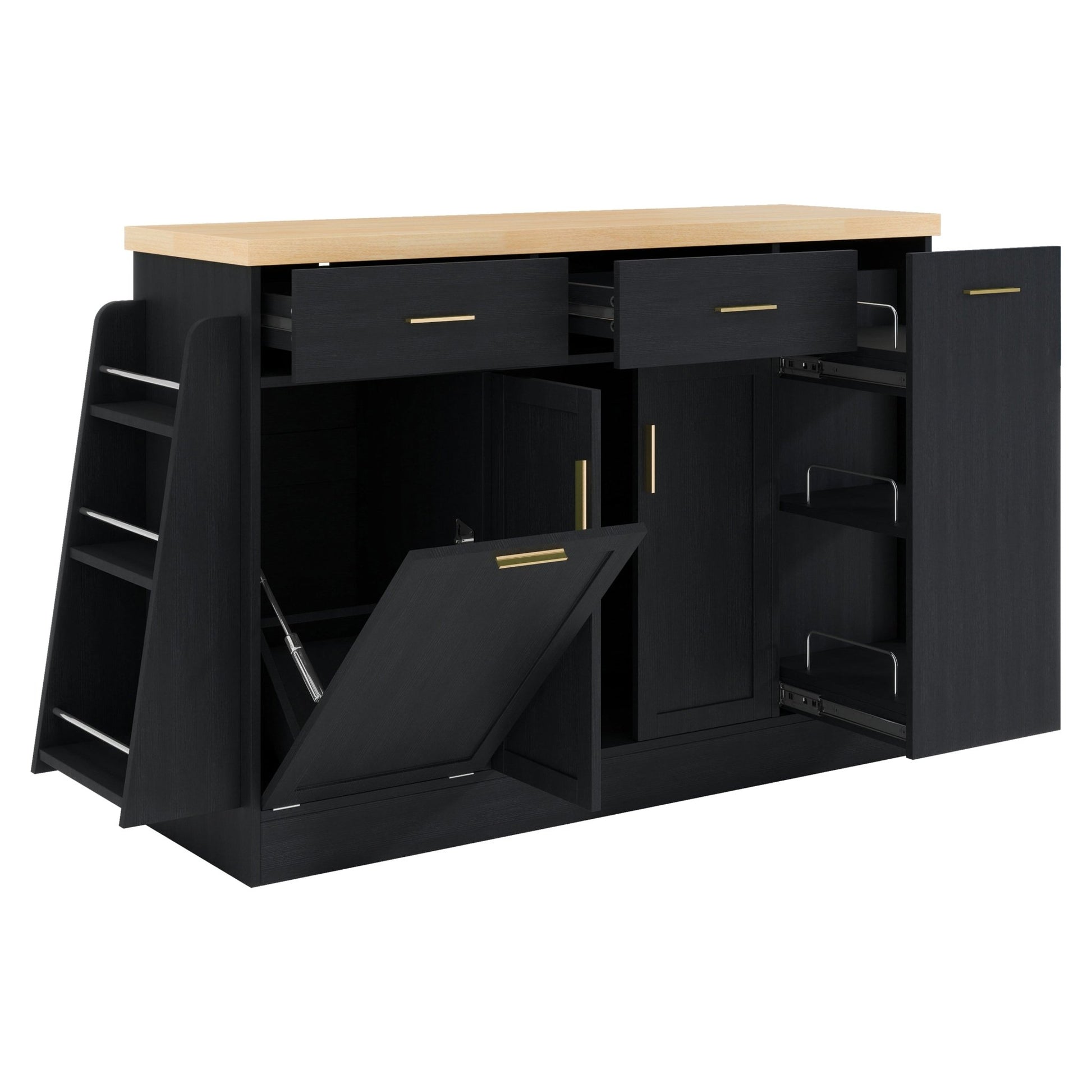 TREXM Multi - Functional Storage Sideboard, Trash Can Storage, Sliding Door Cabinet & 3 - Tier Spice Rack,Kitchen Island Table for Kitchen, Dining Room (Black) - 1st Choice Furniture Direct