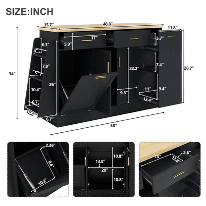 TREXM Multi - Functional Storage Sideboard, Trash Can Storage, Sliding Door Cabinet & 3 - Tier Spice Rack,Kitchen Island Table for Kitchen, Dining Room (Black) - 1st Choice Furniture Direct