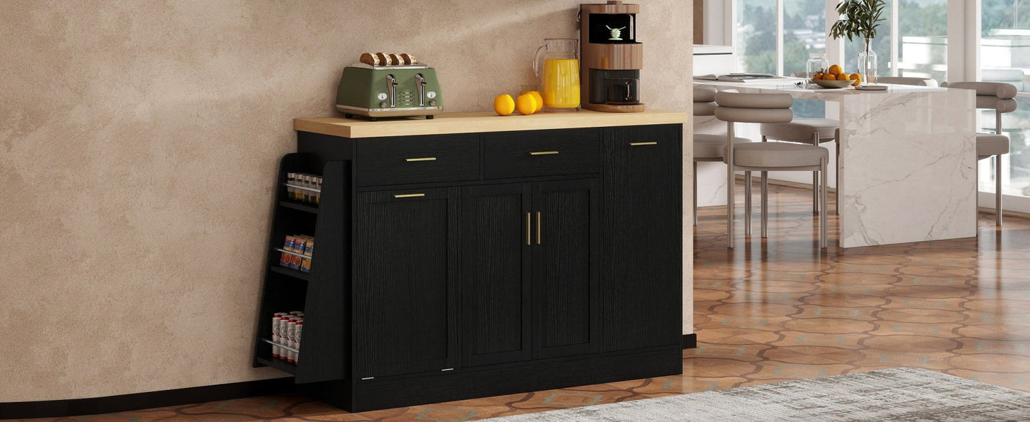 TREXM Multi - Functional Storage Sideboard, Trash Can Storage, Sliding Door Cabinet & 3 - Tier Spice Rack,Kitchen Island Table for Kitchen, Dining Room (Black) - 1st Choice Furniture Direct