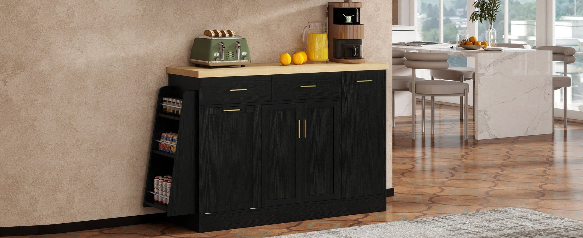 TREXM Multi - Functional Storage Sideboard, Trash Can Storage, Sliding Door Cabinet & 3 - Tier Spice Rack,Kitchen Island Table for Kitchen, Dining Room (Black) - 1st Choice Furniture Direct