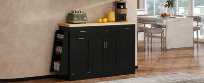 TREXM Multi - Functional Storage Sideboard, Trash Can Storage, Sliding Door Cabinet & 3 - Tier Spice Rack,Kitchen Island Table for Kitchen, Dining Room (Black) - 1st Choice Furniture Direct