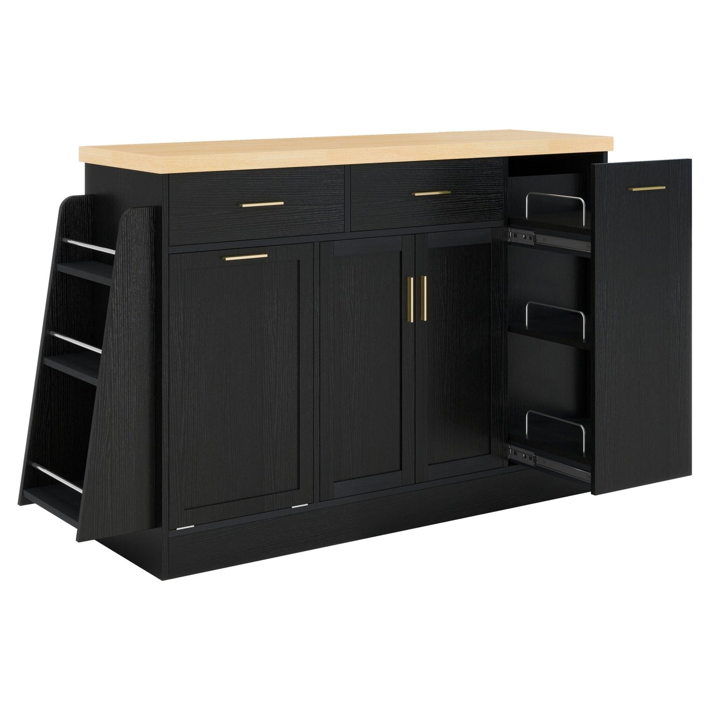 TREXM Multi - Functional Storage Sideboard, Trash Can Storage, Sliding Door Cabinet & 3 - Tier Spice Rack,Kitchen Island Table for Kitchen, Dining Room (Black) - 1st Choice Furniture Direct