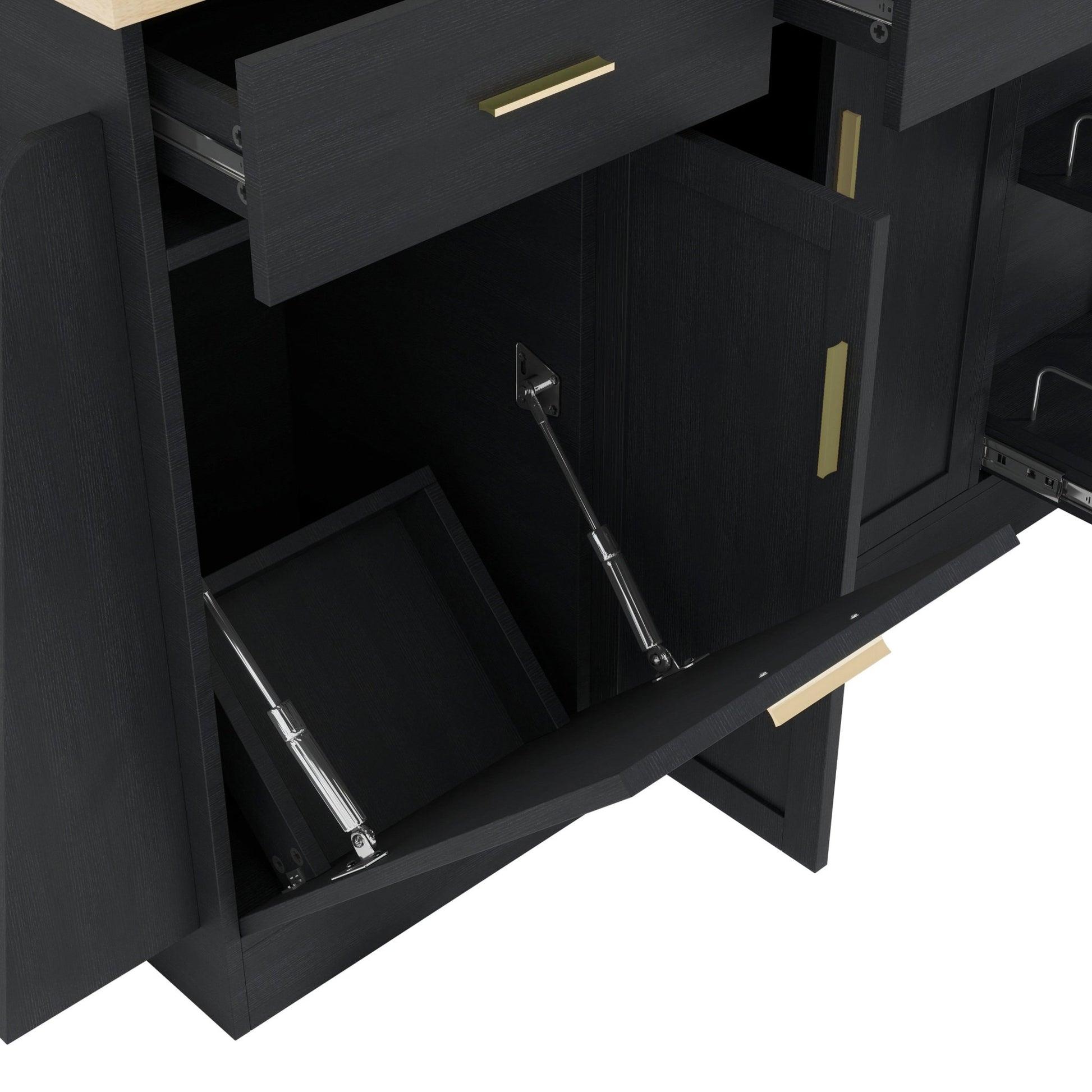 TREXM Multi - Functional Storage Sideboard, Trash Can Storage, Sliding Door Cabinet & 3 - Tier Spice Rack,Kitchen Island Table for Kitchen, Dining Room (Black) - 1st Choice Furniture Direct