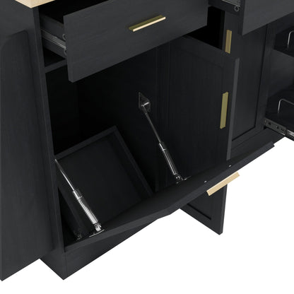 TREXM Multi - Functional Storage Sideboard, Trash Can Storage, Sliding Door Cabinet & 3 - Tier Spice Rack,Kitchen Island Table for Kitchen, Dining Room (Black) - 1st Choice Furniture Direct