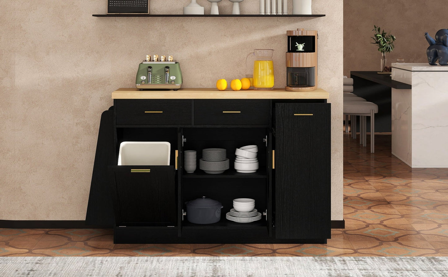 TREXM Multi - Functional Storage Sideboard, Trash Can Storage, Sliding Door Cabinet & 3 - Tier Spice Rack,Kitchen Island Table for Kitchen, Dining Room (Black) - 1st Choice Furniture Direct
