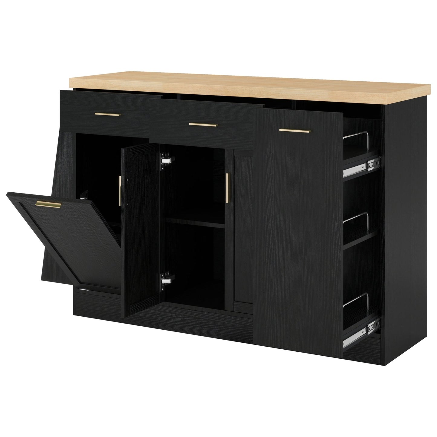 TREXM Multi - Functional Storage Sideboard, Trash Can Storage, Sliding Door Cabinet & 3 - Tier Spice Rack,Kitchen Island Table for Kitchen, Dining Room (Black) - 1st Choice Furniture Direct