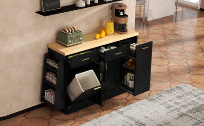 TREXM Multi - Functional Storage Sideboard, Trash Can Storage, Sliding Door Cabinet & 3 - Tier Spice Rack,Kitchen Island Table for Kitchen, Dining Room (Black) - 1st Choice Furniture Direct