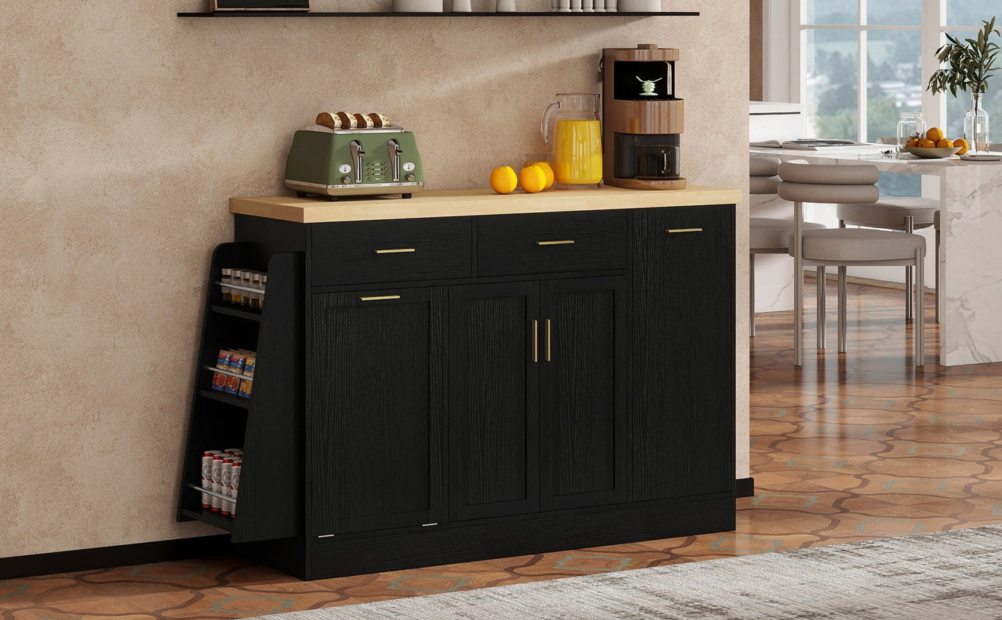 TREXM Multi - Functional Storage Sideboard, Trash Can Storage, Sliding Door Cabinet & 3 - Tier Spice Rack,Kitchen Island Table for Kitchen, Dining Room (Black) - 1st Choice Furniture Direct