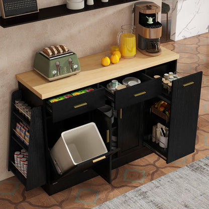 TREXM Multi - Functional Storage Sideboard, Trash Can Storage, Sliding Door Cabinet & 3 - Tier Spice Rack,Kitchen Island Table for Kitchen, Dining Room (Black) - 1st Choice Furniture Direct