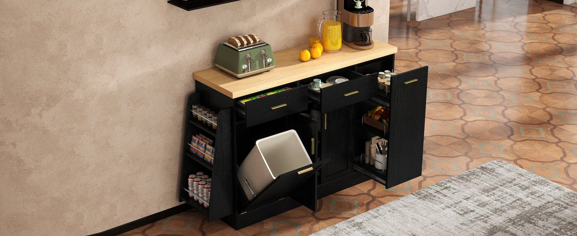 TREXM Multi - Functional Storage Sideboard, Trash Can Storage, Sliding Door Cabinet & 3 - Tier Spice Rack,Kitchen Island Table for Kitchen, Dining Room (Black) - 1st Choice Furniture Direct